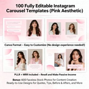100 Elegant Pink Instagram Carousel Templates | Fully Editable in Canva | Includes PLR & MRR Rights